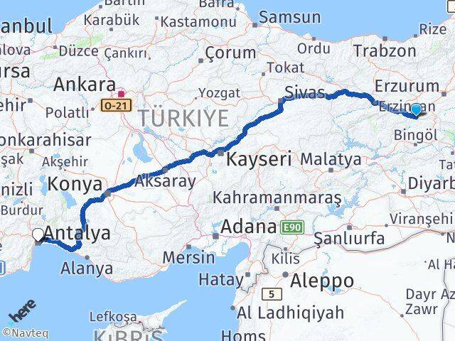 Bingöl Yedisu Antalya Arası Kaç Km - Yol Haritası