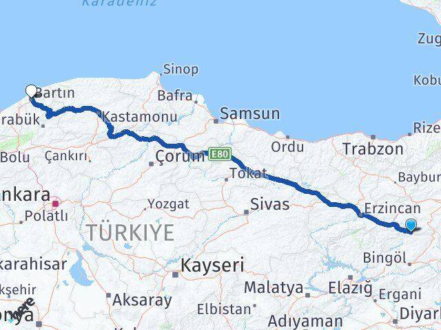 Bingöl Yedisu Bartın Arası Kaç Km - Yol Haritası