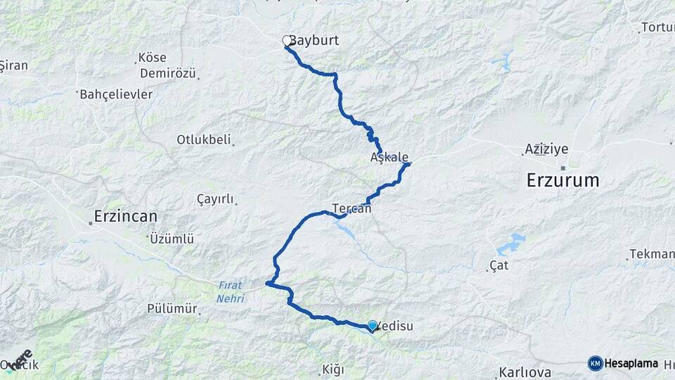 Bingöl Yedisu Bayburt Arası Kaç Km - Yol Haritası