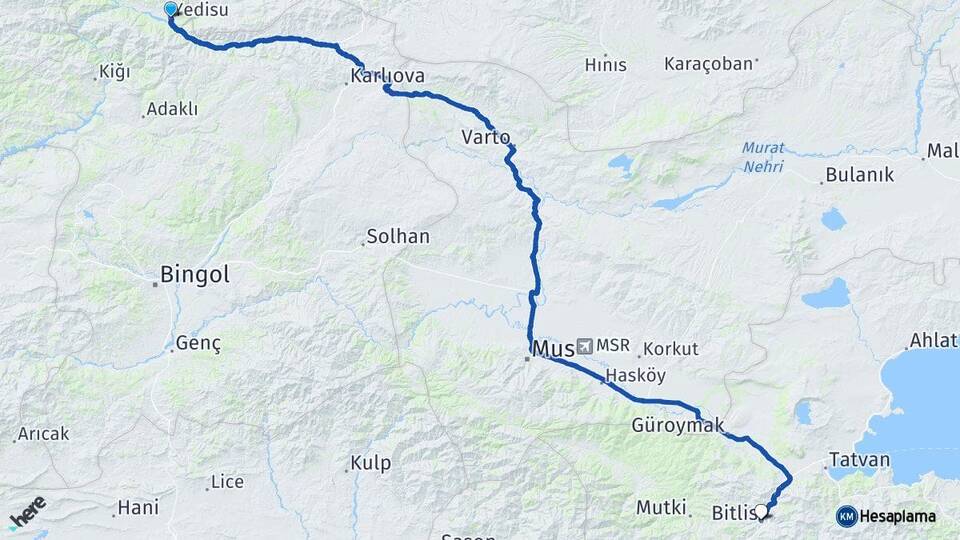 Bingöl Yedisu Bitlis Arası Kaç Km - Yol Haritası
