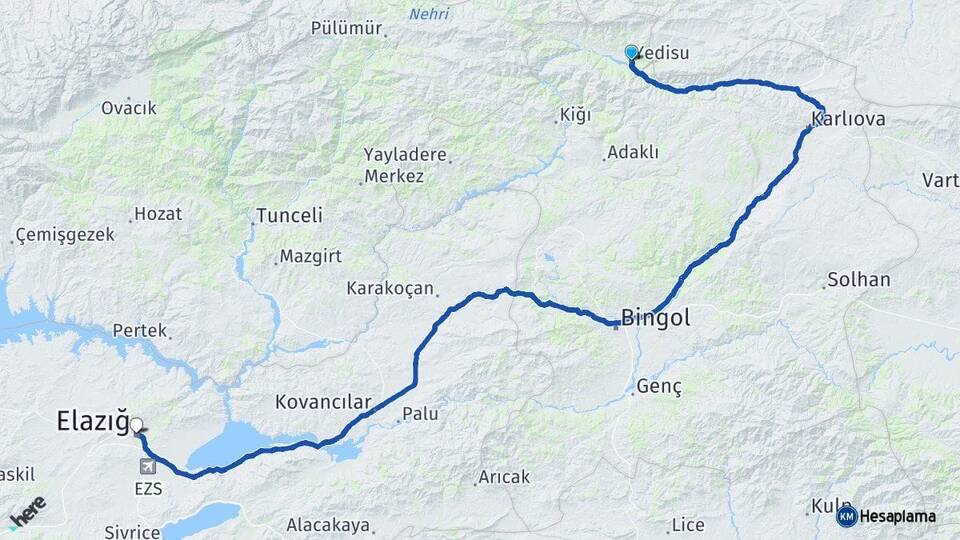 Bingöl Yedisu Elazığ Arası Kaç Km - Yol Haritası