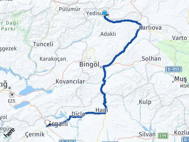 Bingöl Yedisu Ergani Diyarbakır Arası Kaç Km - Yol Haritası