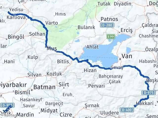 Bingöl Yedisu Hakkari Arası Kaç Km - Yol Haritası
