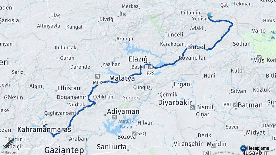 Bingöl Yedisu Kahramanmaraş Arası Kaç Km - Yol Haritası