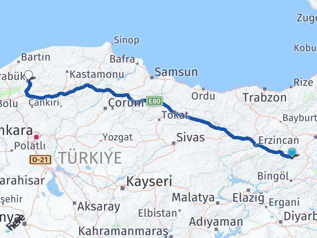 Bingöl Yedisu Karabük Arası Kaç Km - Yol Haritası
