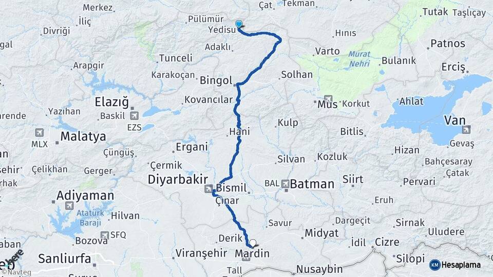 Bingöl Yedisu Mardin Arası Kaç Km - Yol Haritası