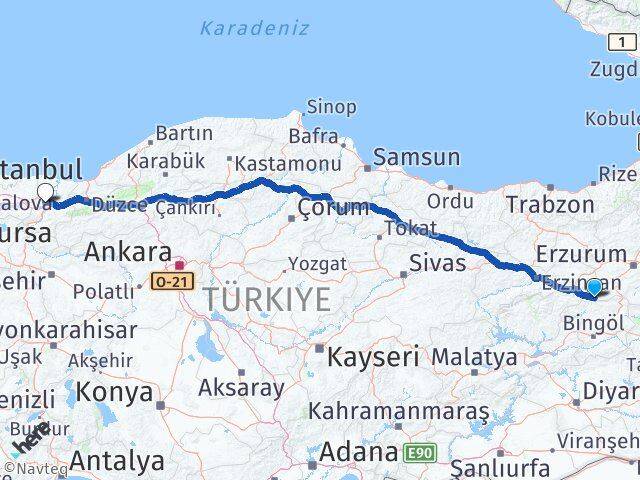 Bingöl Yedisu Sakarya Arası Kaç Km - Yol Haritası
