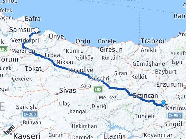 Bingöl Yedisu Samsun Arası Kaç Km - Yol Haritası