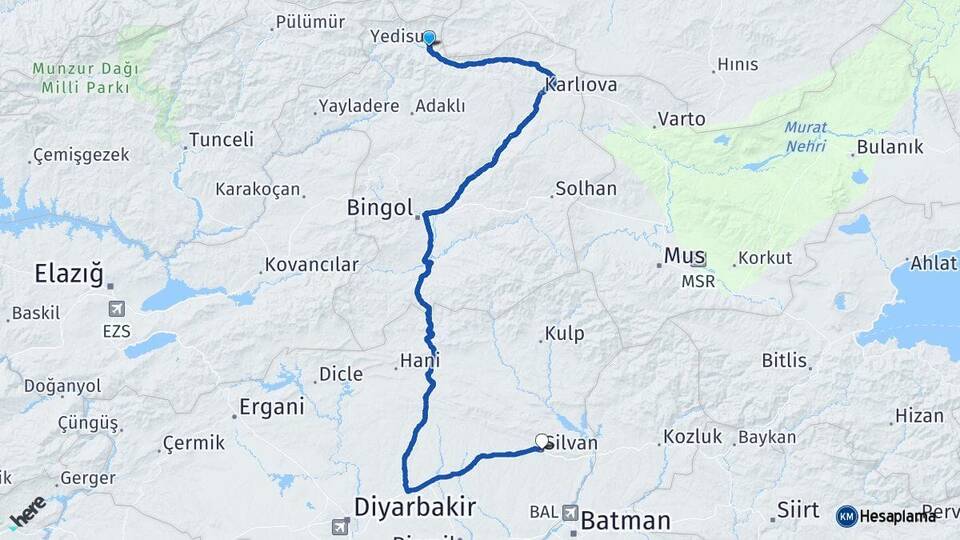 Bingöl Yedisu Silvan Diyarbakır Arası Kaç Km - Yol Haritası