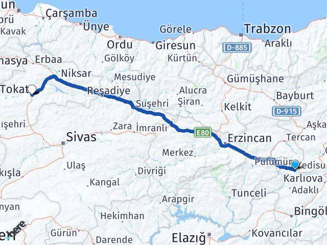 Bingöl Yedisu Tokat Arası Kaç Km - Yol Haritası