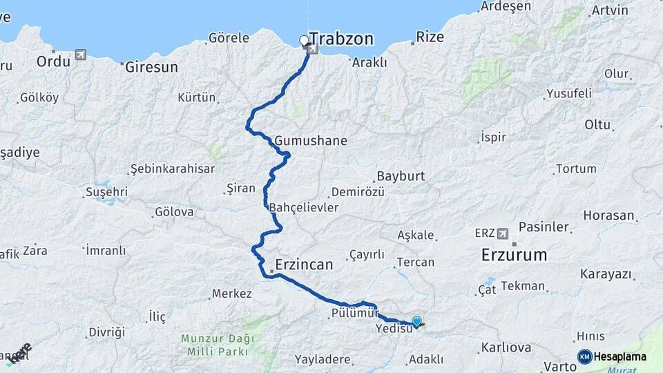 Bingöl Yedisu Trabzon Arası Kaç Km - Yol Haritası