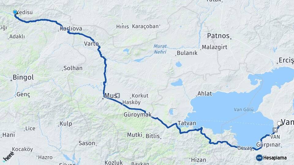 Bingöl Yedisu Van Arası Kaç Km - Yol Haritası
