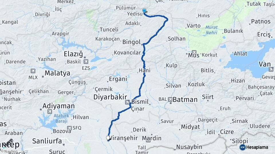Bingöl Yedisu Viranşehir Şanlıurfa Arası Kaç Km - Yol Haritası