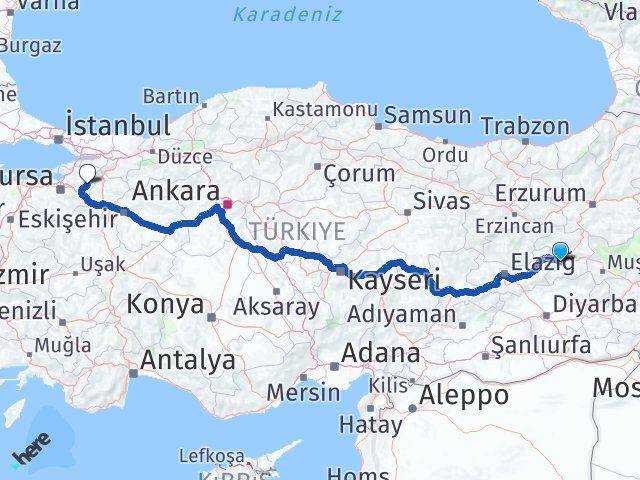 Bingöl Yenişehir Bursa Arası Kaç Km - Yol Haritası