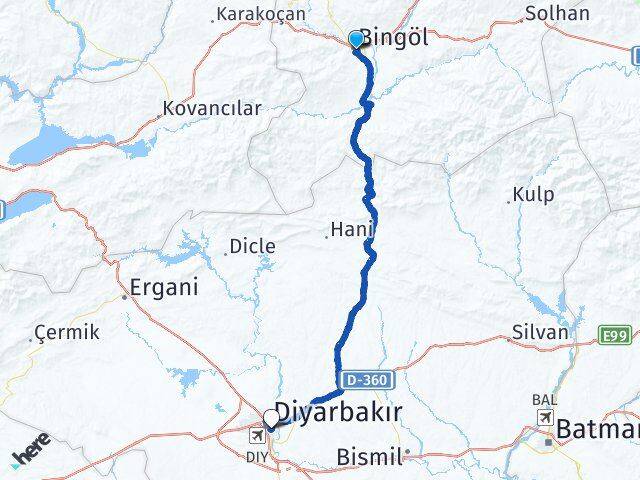 Bingöl Yenişehir Diyarbakır Arası Kaç Km - Yol Haritası