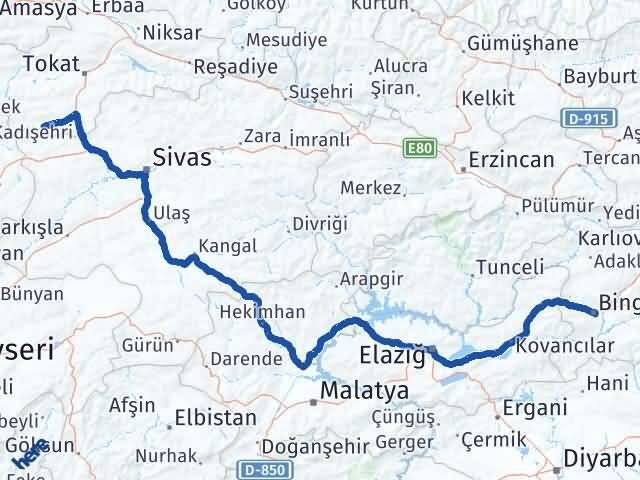 Bingöl Yeşilyurt Tokat Arası Kaç Km - Yol Haritası