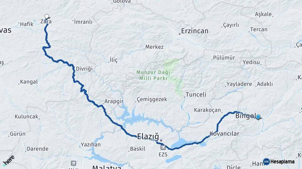 Bingöl Zara Sivas Arası Kaç Km - Yol Haritası