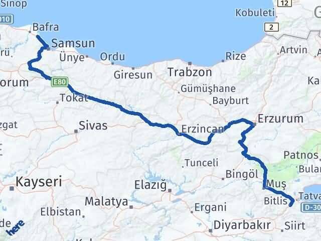Bitlis 19 Mayıs Samsun Arası Kaç Km - Yol Haritası