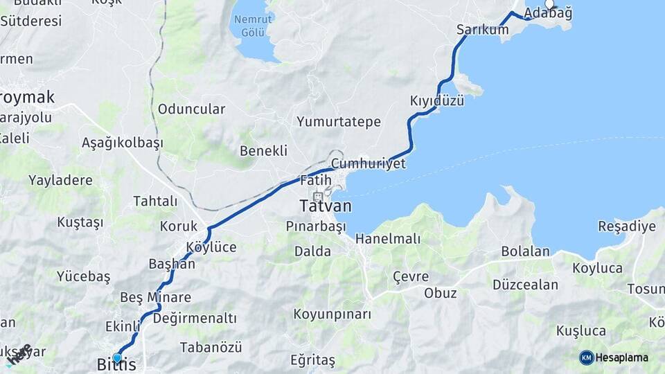 Bitlis Adabağ Tatvan Arası Kaç Km - Yol Haritası