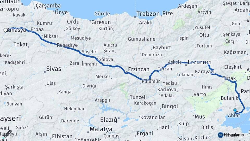 Bitlis Adilcevaz Amasya Arası Kaç Km - Yol Haritası