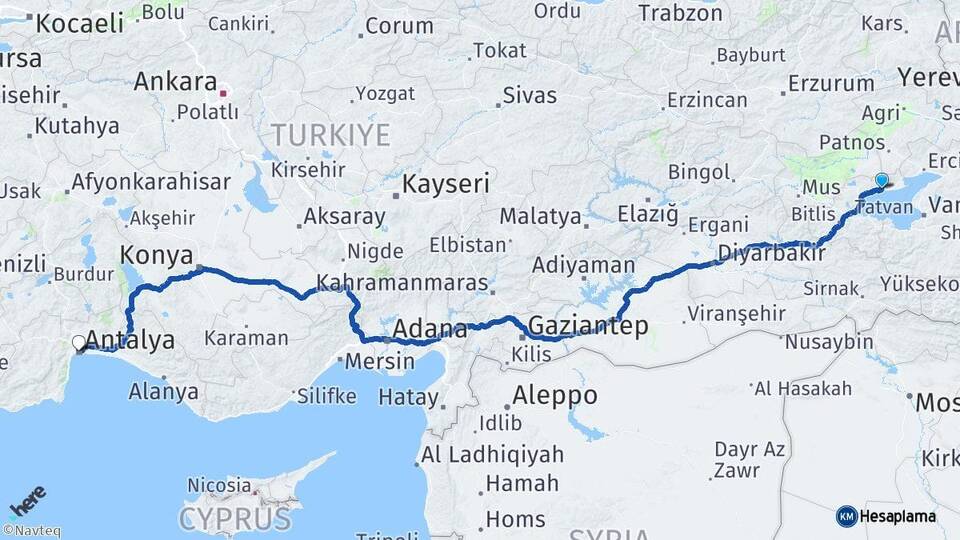 Bitlis Adilcevaz Antalya Arası Kaç Km - Yol Haritası