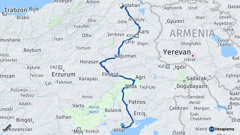 Bitlis Adilcevaz Ardahan Arası Kaç Km - Yol Haritası