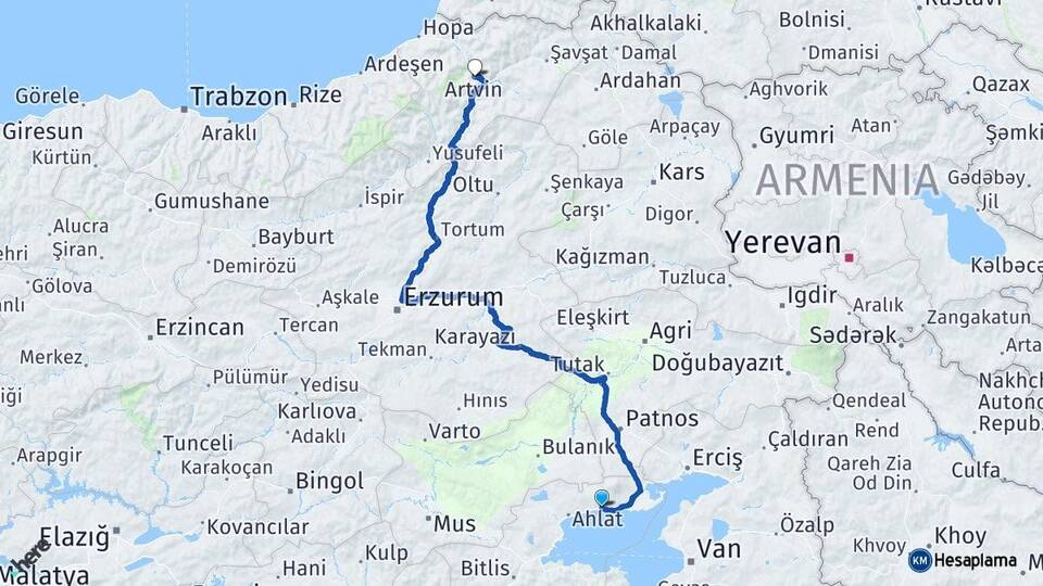 Bitlis Adilcevaz Artvin Arası Kaç Km - Yol Haritası