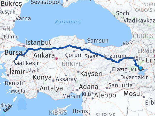 Bitlis Adilcevaz Bigadiç Balıkesir Arası Kaç Km - Yol Haritası