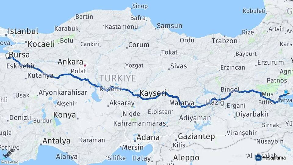 Bitlis Adilcevaz Bursa Arası Kaç Km - Yol Haritası