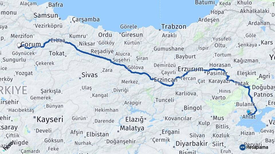 Bitlis Adilcevaz Çorum Arası Kaç Km - Yol Haritası