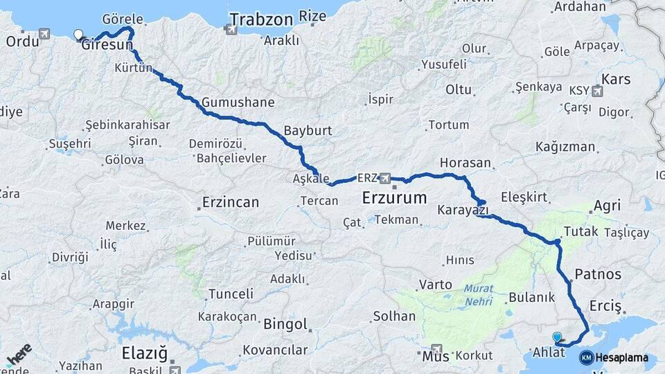 Bitlis Adilcevaz Giresun Arası Kaç Km - Yol Haritası