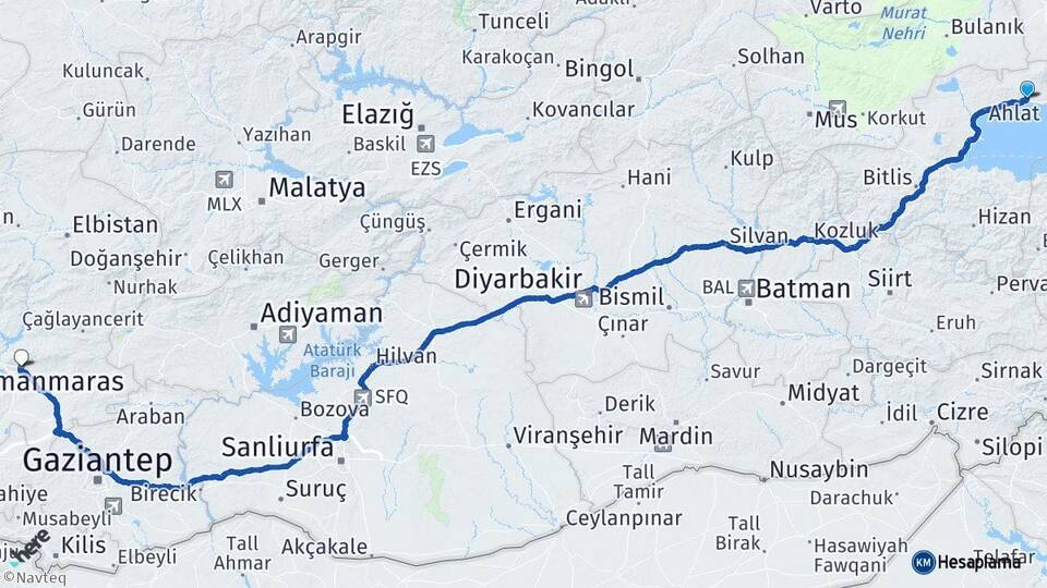 Bitlis Adilcevaz Kahramanmaraş Arası Kaç Km - Yol Haritası