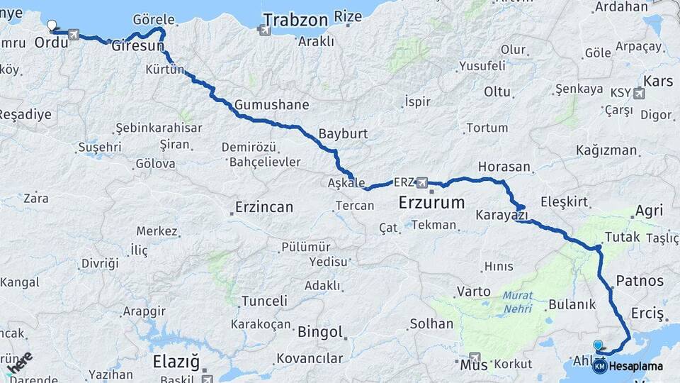 Bitlis Adilcevaz Ordu Arası Kaç Km - Yol Haritası