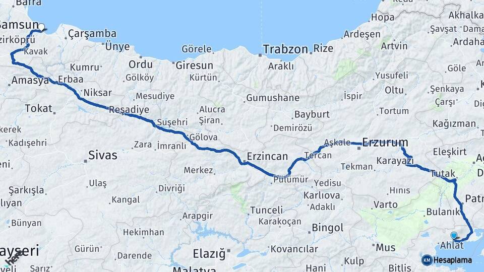 Bitlis Adilcevaz Samsun Arası Kaç Km - Yol Haritası