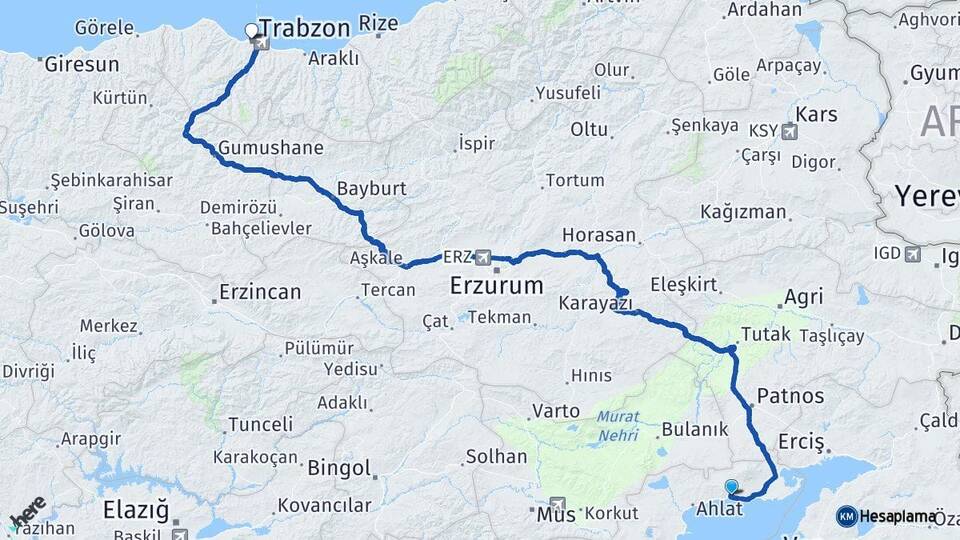Bitlis Adilcevaz Trabzon Arası Kaç Km - Yol Haritası