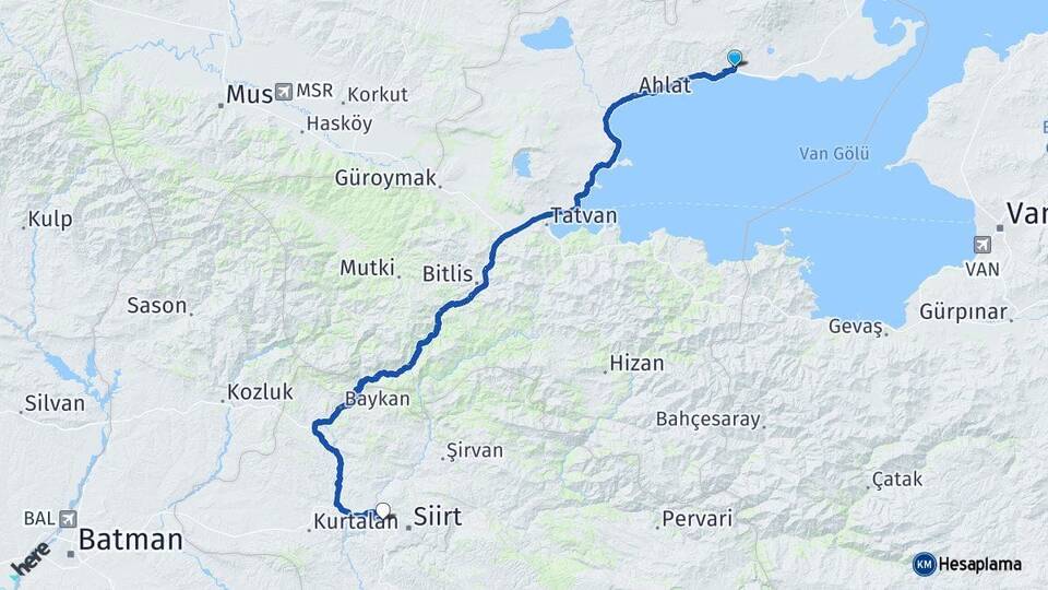 Bitlis Adilcevaz Veysel Karani Siirt Arası Kaç Km - Yol Haritası