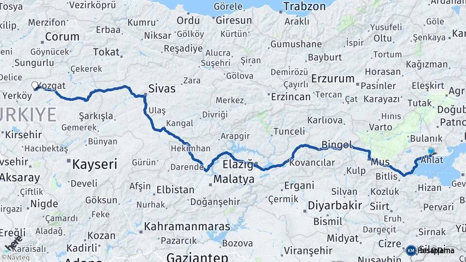 Bitlis Adilcevaz Yozgat Arası Kaç Km - Yol Haritası