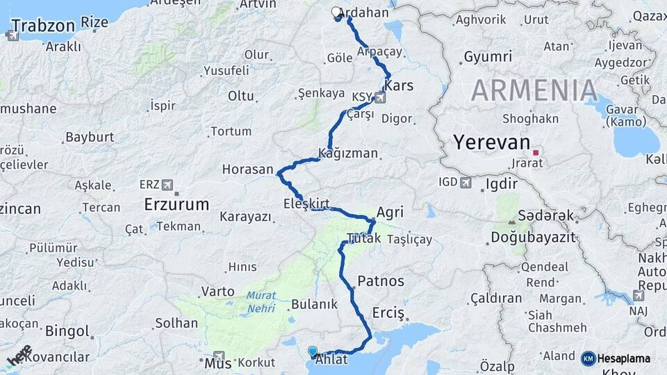 Bitlis Ahlat Ardahan Arası Kaç Km - Yol Haritası