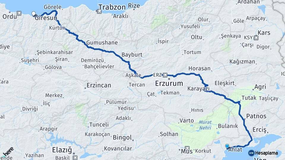 Bitlis Ahlat Giresun Arası Kaç Km - Yol Haritası