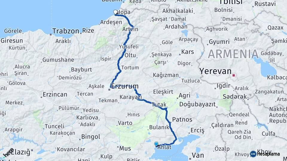 Bitlis Ahlat Hopa Artvin Arası Kaç Km - Yol Haritası