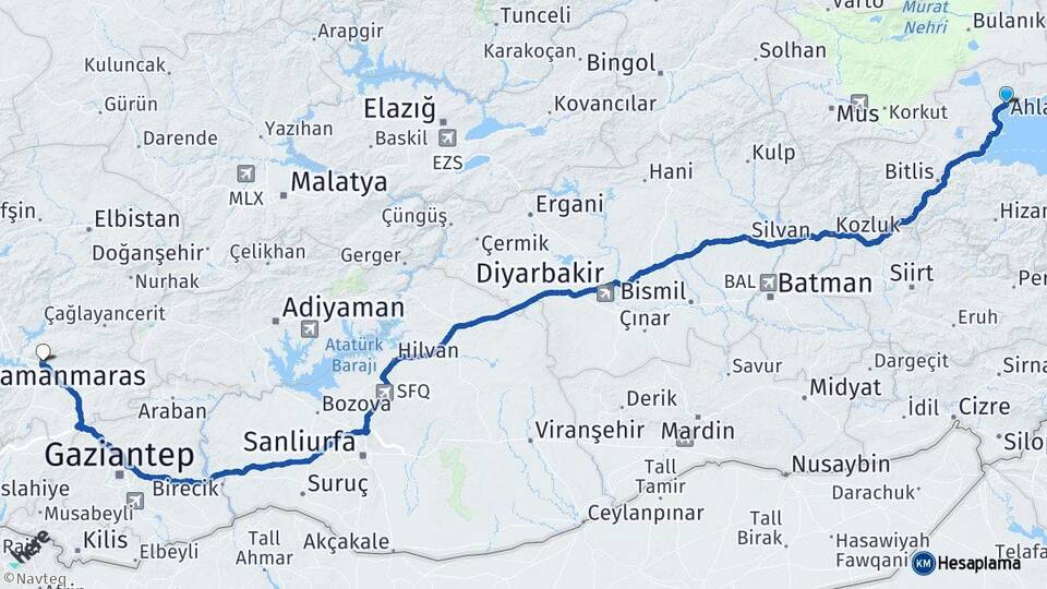 Bitlis Ahlat Kahramanmaraş Arası Kaç Km - Yol Haritası