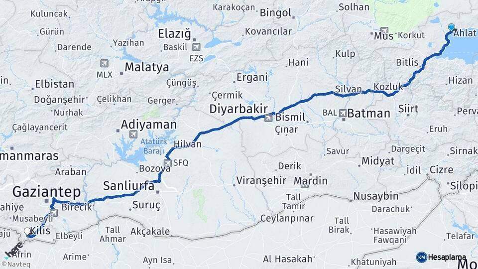 Bitlis Ahlat Kilis Arası Kaç Km - Yol Haritası
