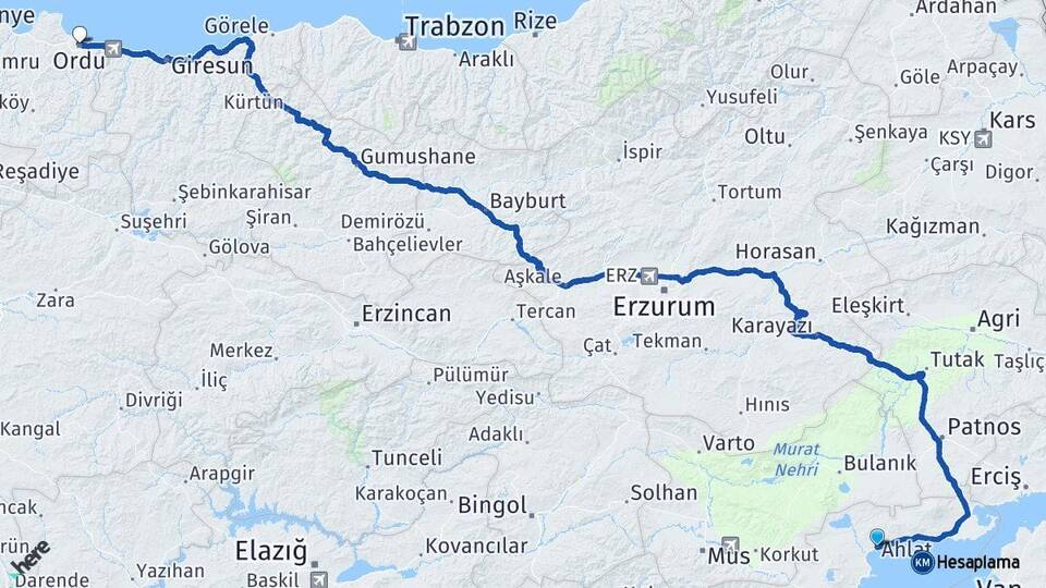 Bitlis Ahlat Ordu Arası Kaç Km - Yol Haritası