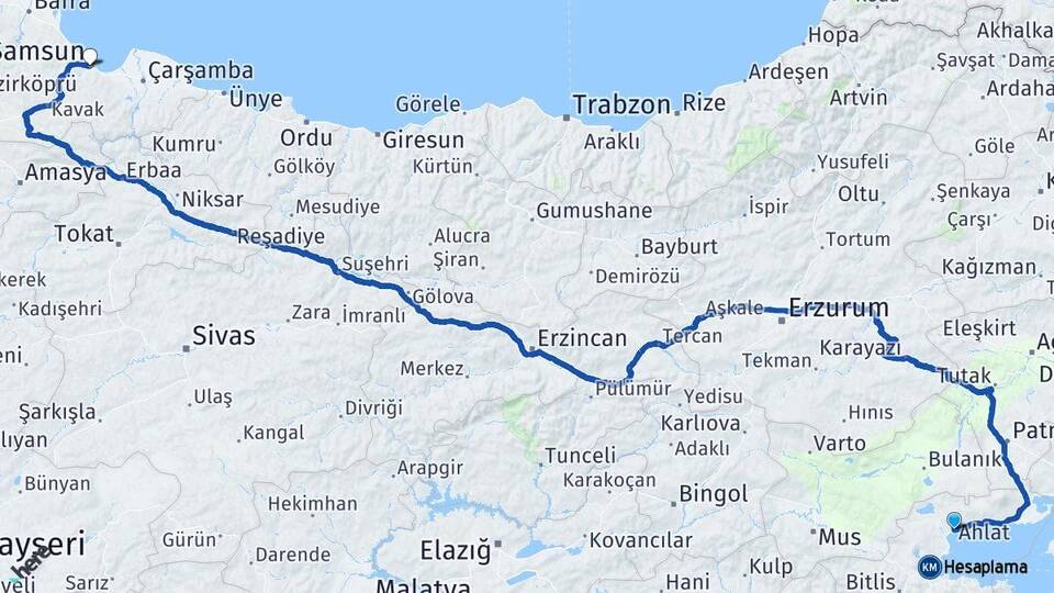 Bitlis Ahlat Samsun Arası Kaç Km - Yol Haritası