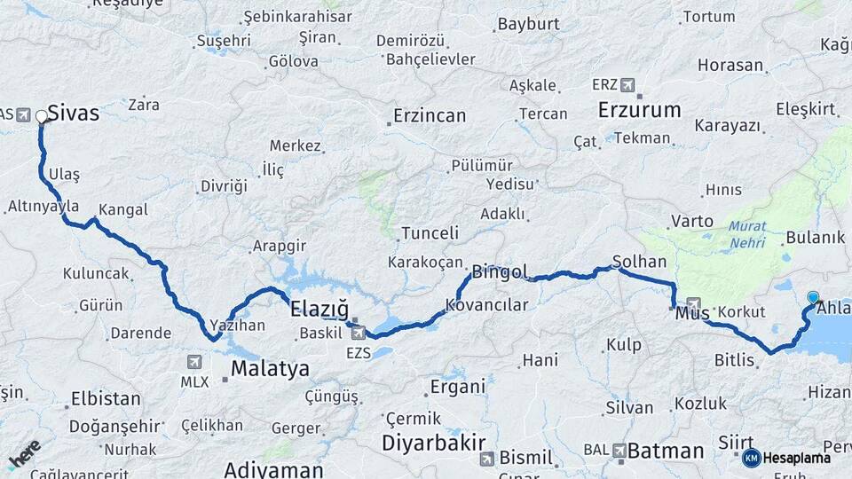 Bitlis Ahlat Sivas Arası Kaç Km - Yol Haritası