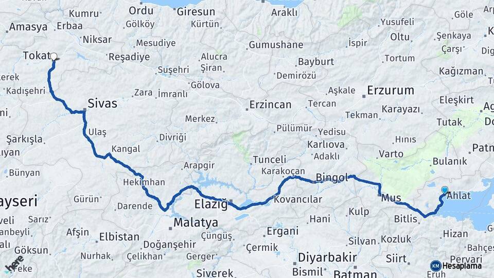 Bitlis Ahlat Tokat Arası Kaç Km - Yol Haritası