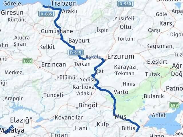Bitlis Akçaabat Trabzon Arası Kaç Km - Yol Haritası