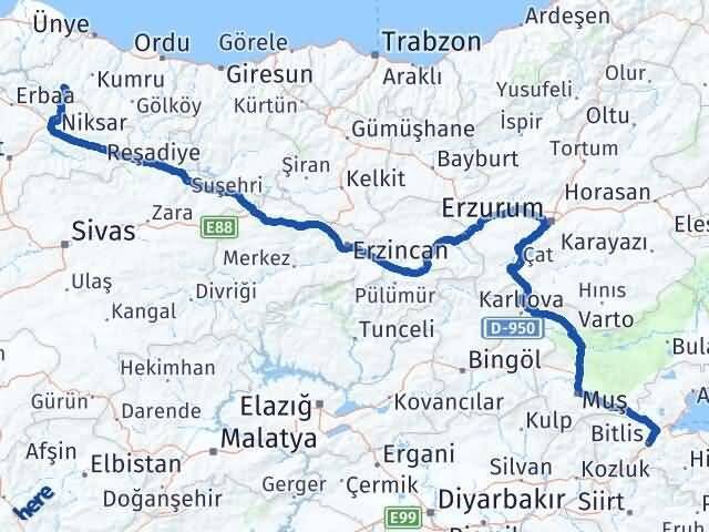 Bitlis Akkuş Ordu Arası Kaç Km - Yol Haritası
