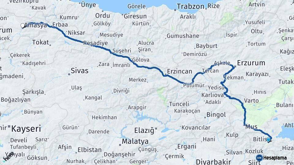 Bitlis Amasya Arası Kaç Km - Yol Haritası