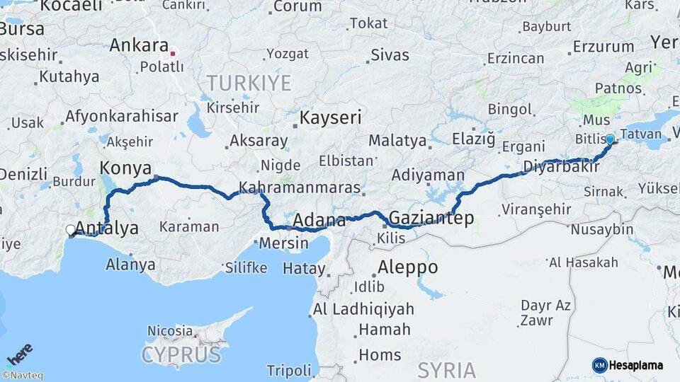 Bitlis Antalya Arası Kaç Km - Yol Haritası